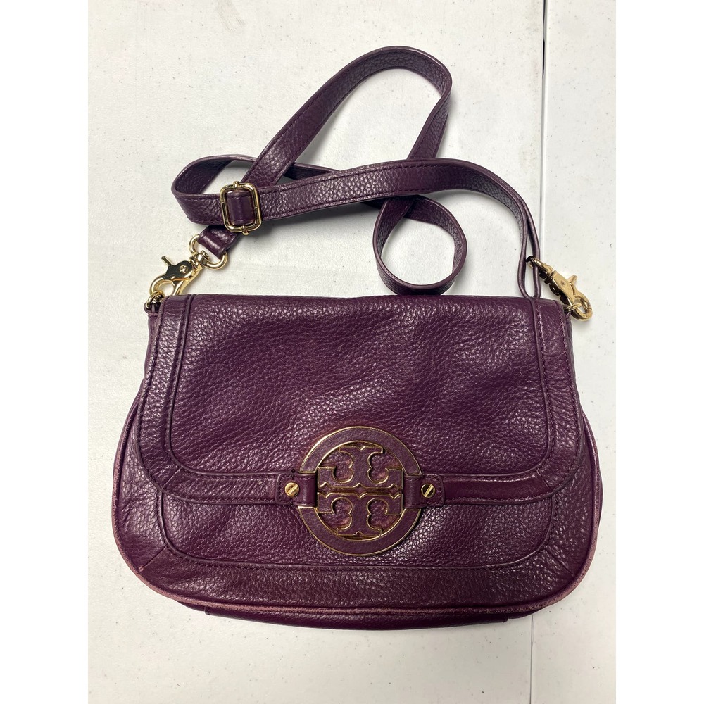 TORY BURCH Amanda Small Flap Crossbody Bag Logo Grain Leather Plum Purple